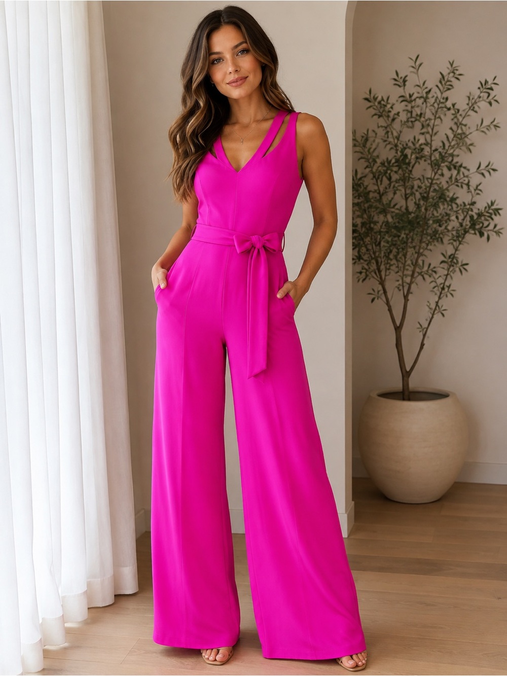 CeCe Sexy Cutout Wide-Leg Jumpsuit in Hot Pink -SZ 10